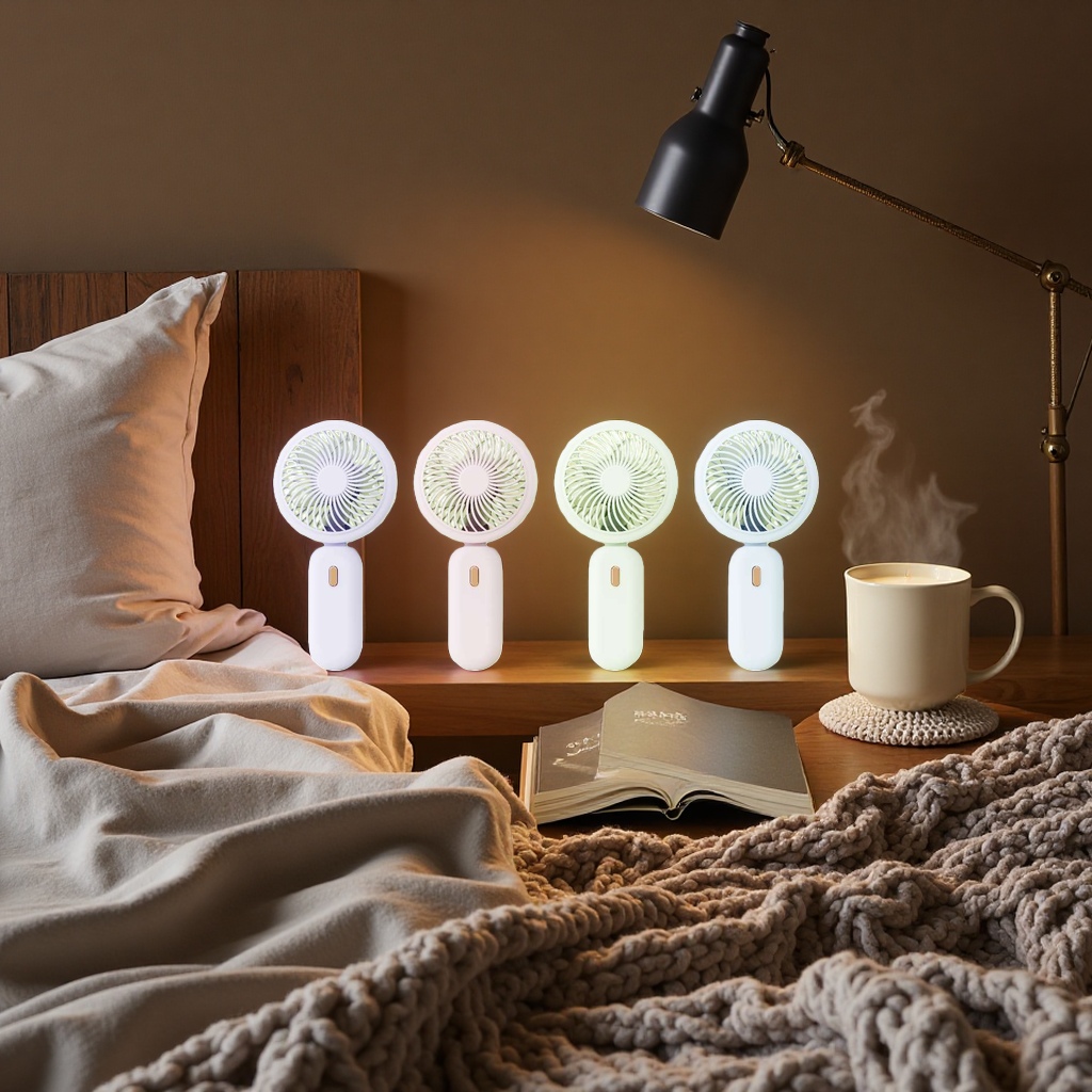 The main body of the simple folding handheld fan is available in four colors: light purple, pink white and light blue. It features circular fan blades and an arc-shaped handle. The height is 17cm, the width is 8.4cm and the thickness is 4.5cm Specification image