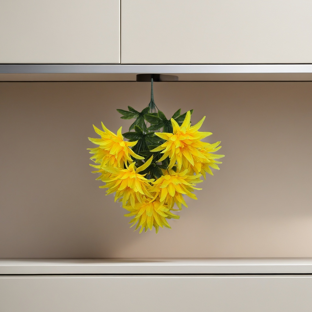 Yellow artificial flower bouquets simulating asters and sunflowers as living room decorative items details Picture