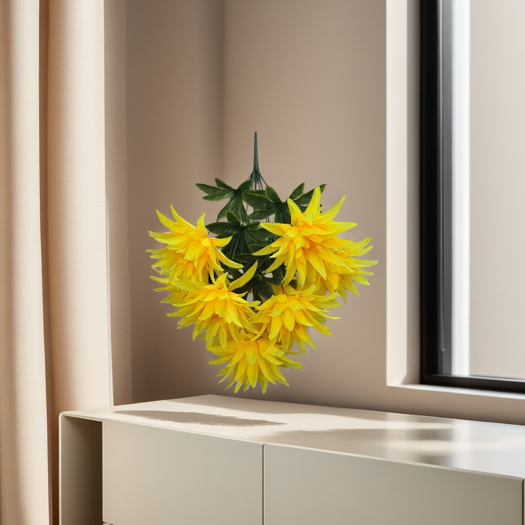 Yellow artificial flower bouquets simulating asters and sunflowers as living room decorative items