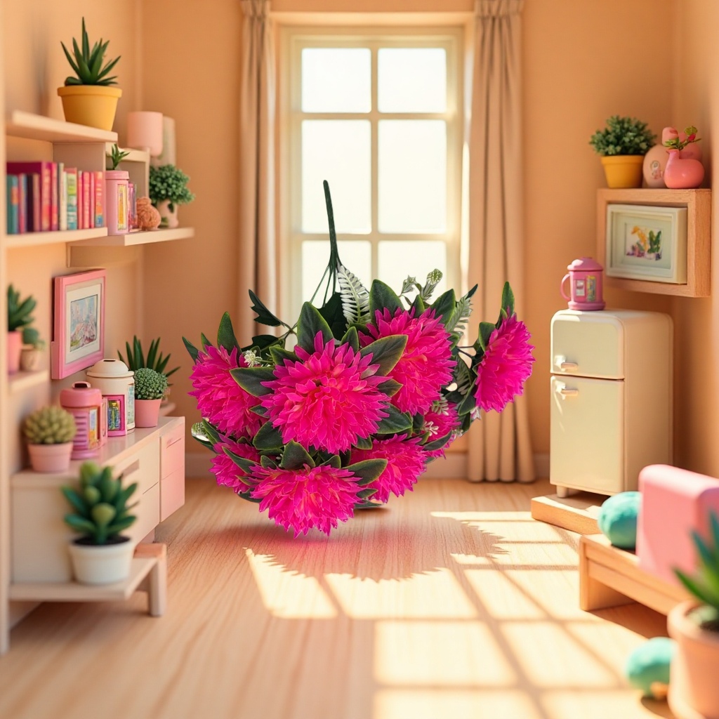 A pink artificial bouquet simulating asters and roses for living room decoration