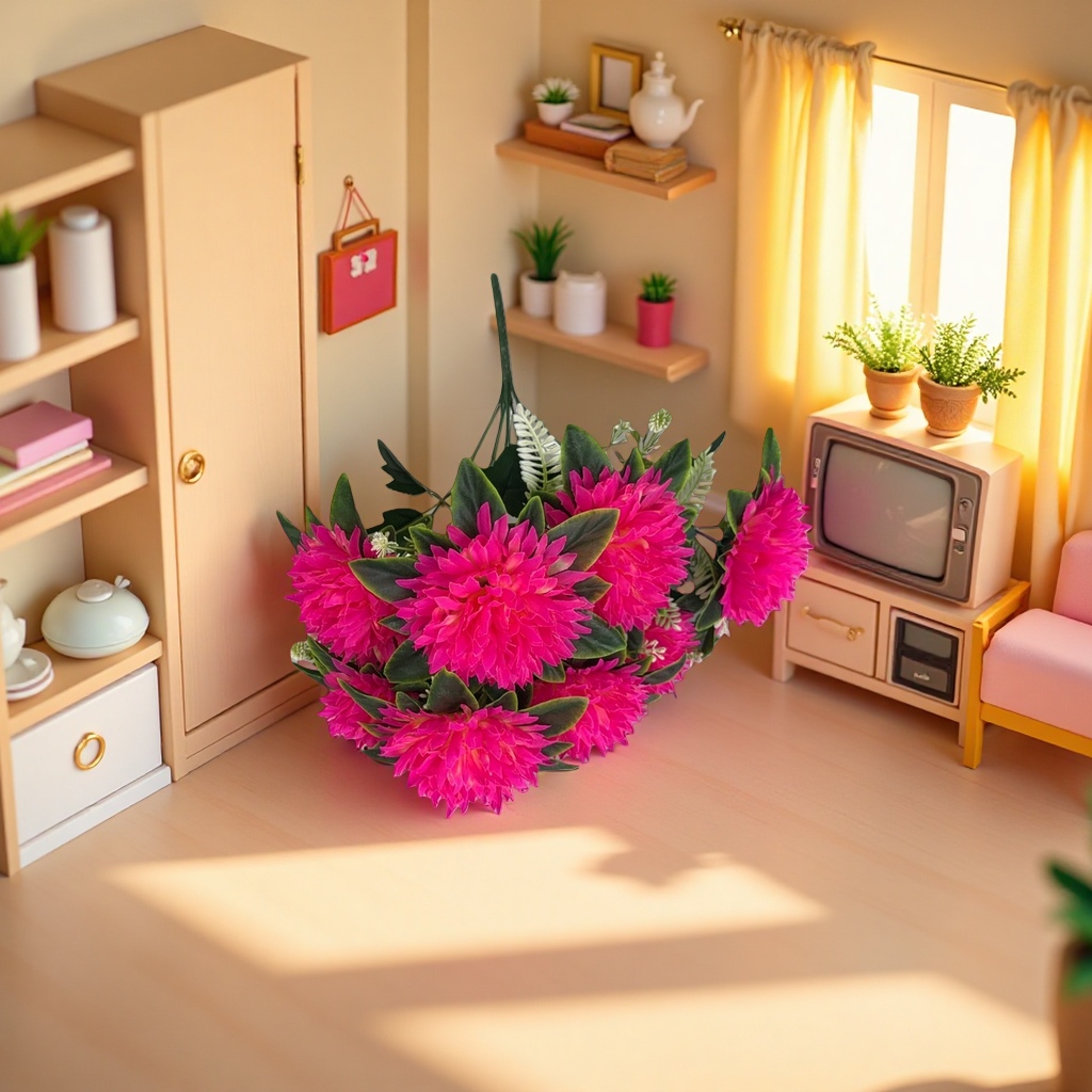 A pink artificial bouquet simulating asters and roses for living room decoration Application Scenario