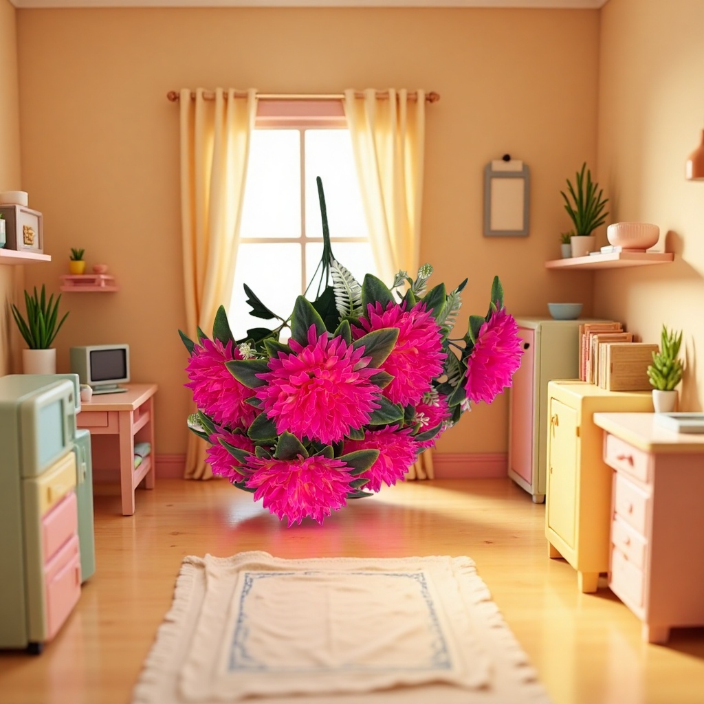 A pink artificial bouquet simulating asters and roses for living room decoration details Picture