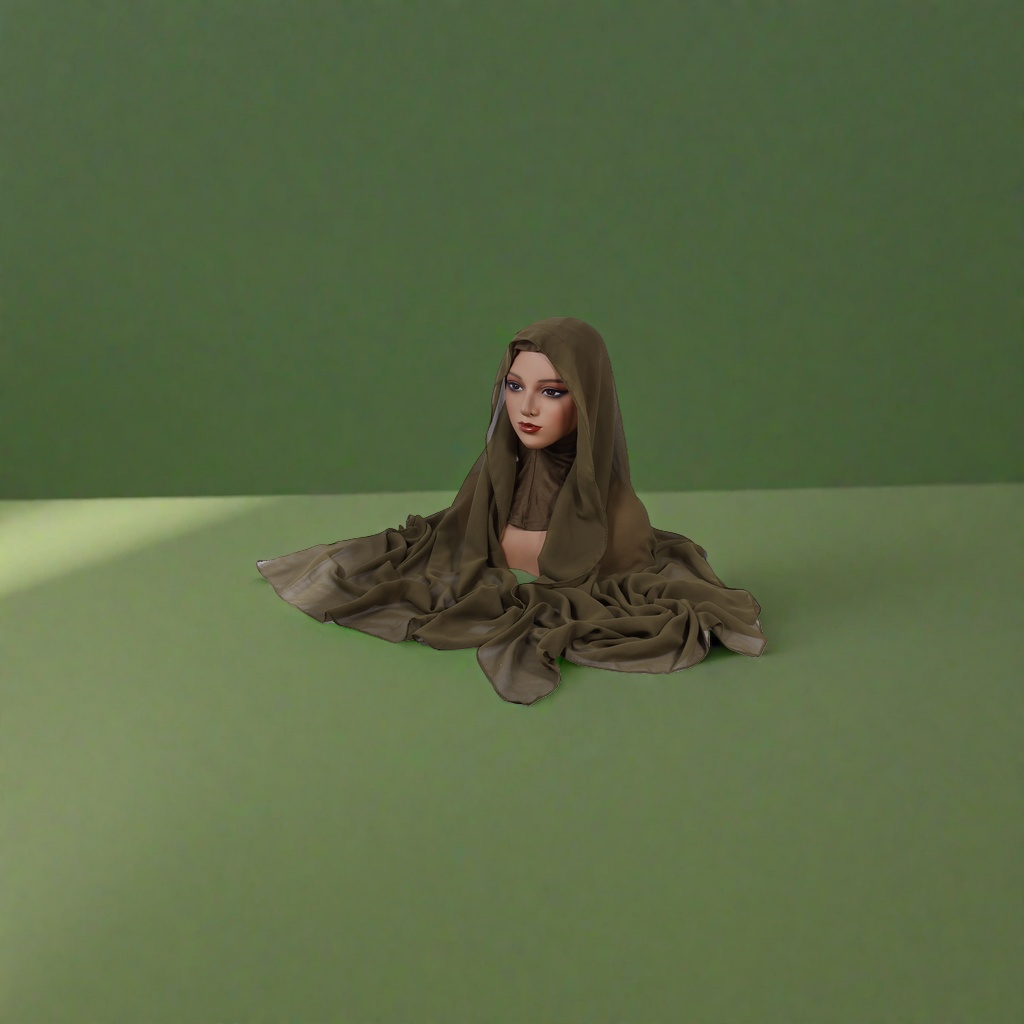 An olive green scarf model's head and shoulder display picture