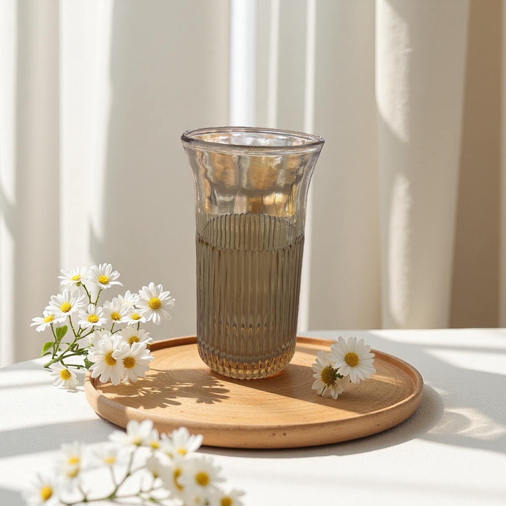 琥珀色条纹玻璃杯 手工吹制家居咖啡茶饮杯 350ml