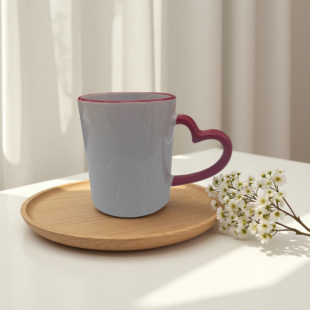 White ceramic cup, red heart-shaped handle, heat-resistant household coffee cup, mug, heat transfer printing Application Scenario