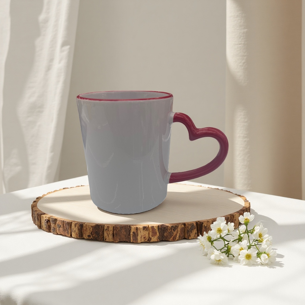 White ceramic cup, red heart-shaped handle, heat-resistant household coffee cup, mug, heat transfer printing