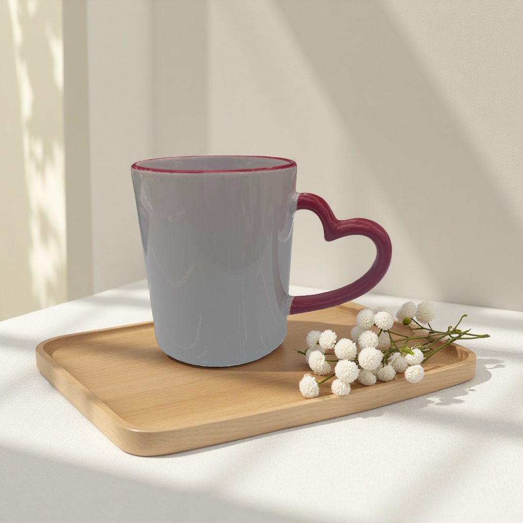 White ceramic cup, red heart-shaped handle, heat-resistant household coffee cup, mug, heat transfer printing Specification image