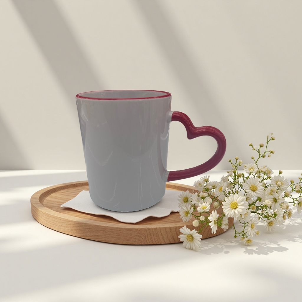 White ceramic cup, red heart-shaped handle, heat-resistant household coffee cup, mug, heat transfer printing details Picture