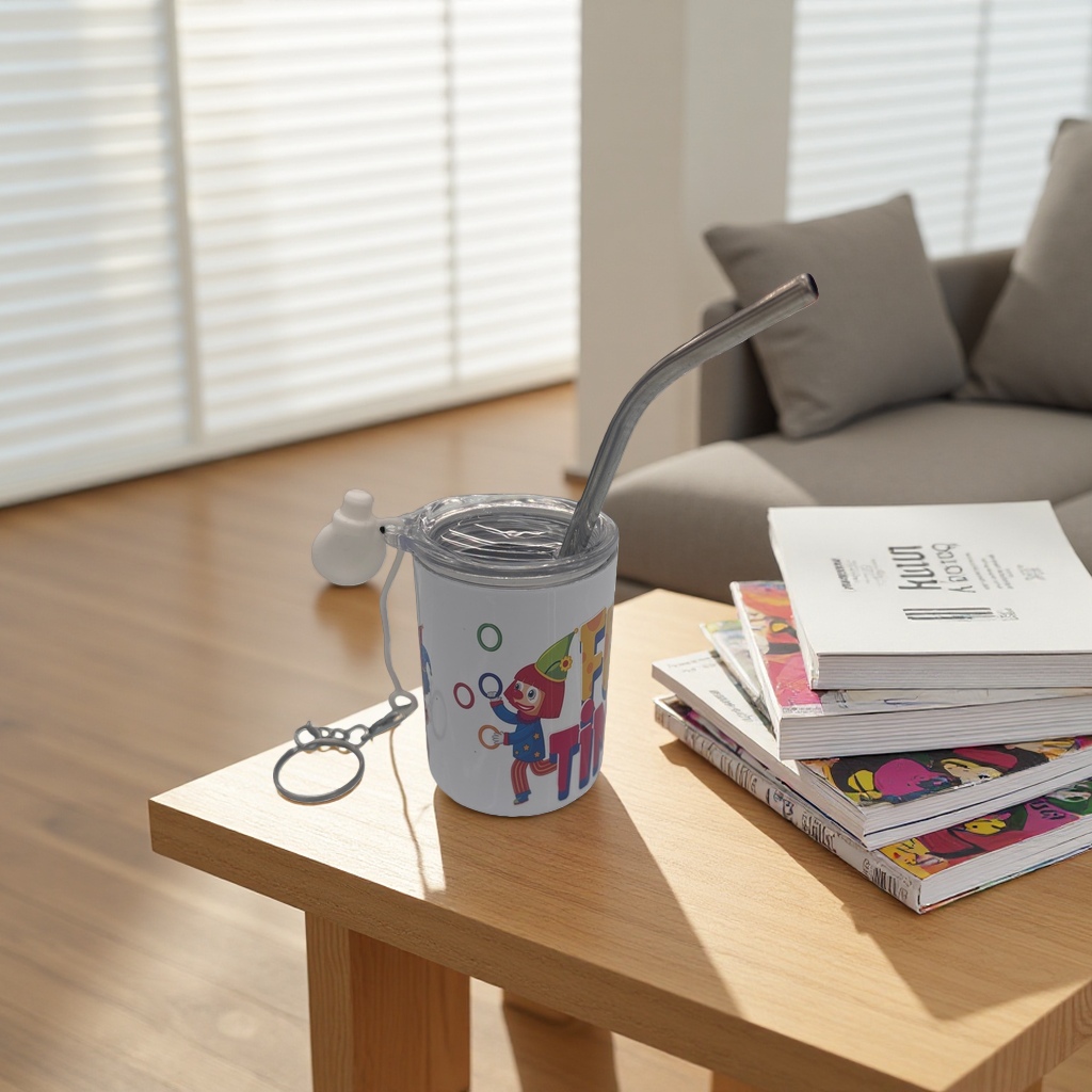 A portable creative gift set with white cups, metal straws and keychains, heat transfer printing Application Scenario