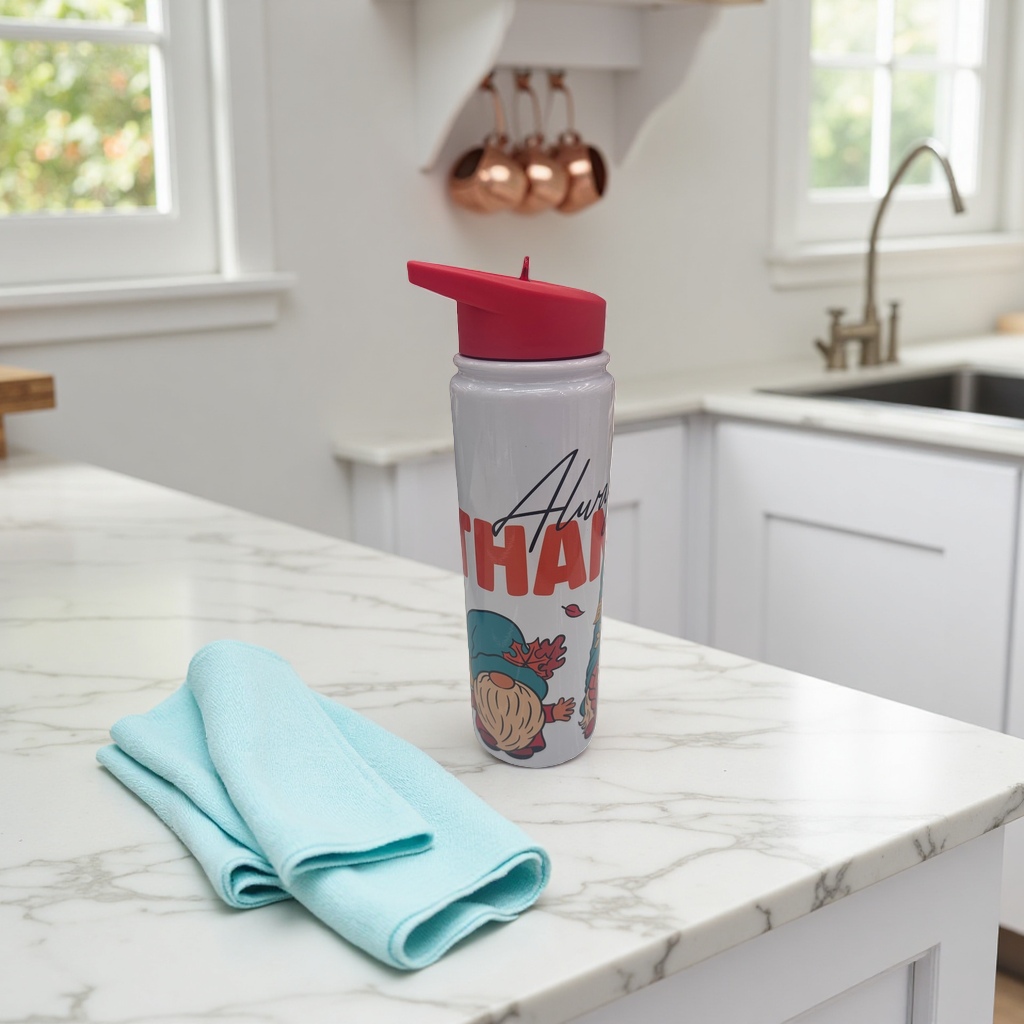 White water cup with red lid printed Always THANK and autumn dwarf pattern heat transfer printing details Picture