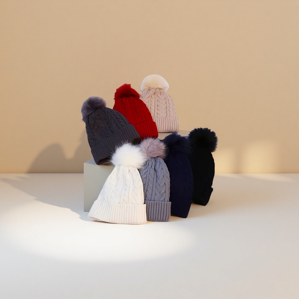 A multi-color knitted woolen cap with large wool ball decoration for warm winter knitted cap Application Scenario