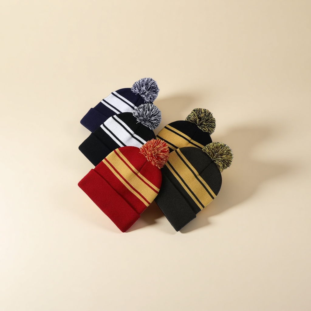 Colorful striped woolen hat with pom-poms decoration, warm knitted, suitable for both men and women in winter details Picture