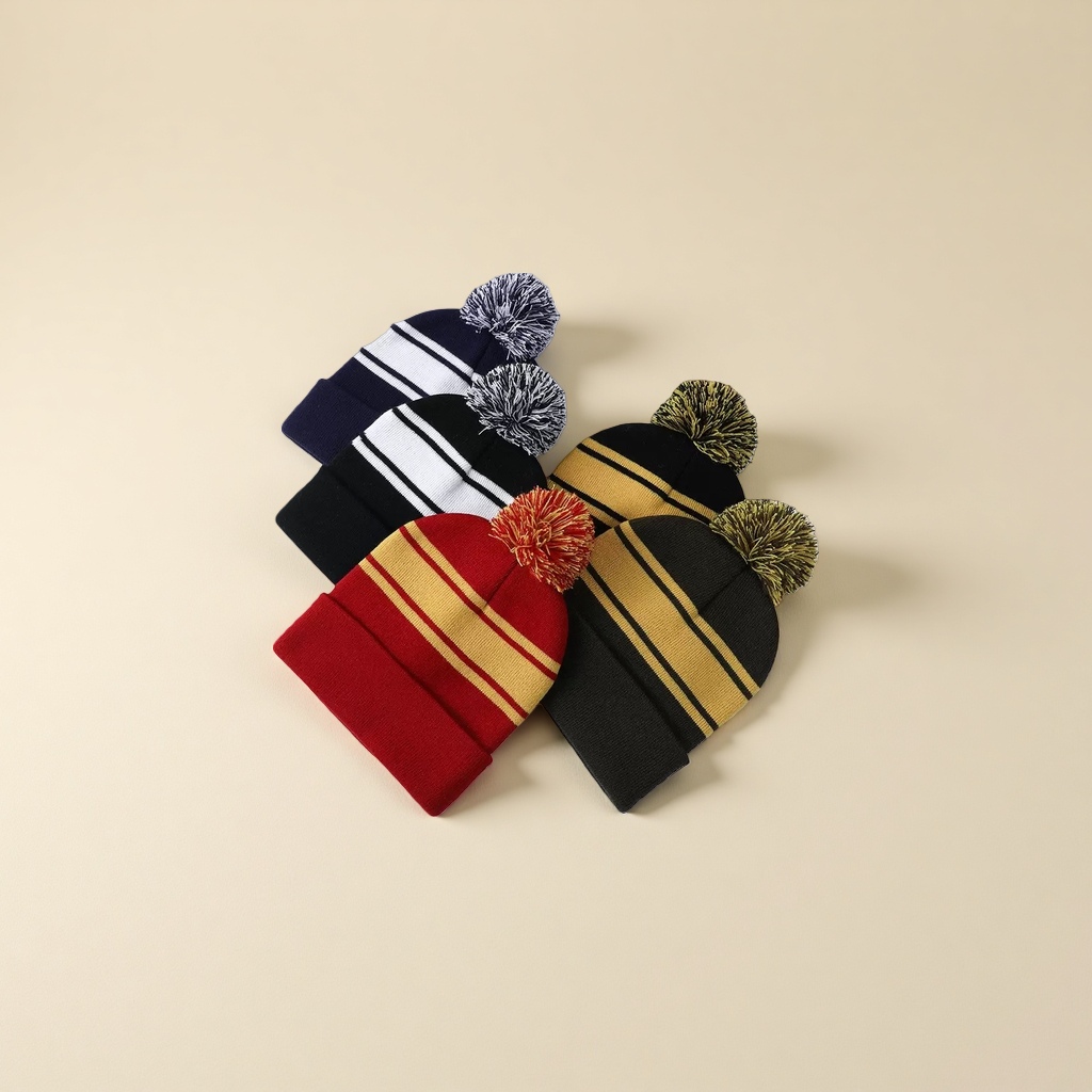 Colorful striped woolen hat with pom-poms decoration, warm knitted, suitable for both men and women in winter Specification image