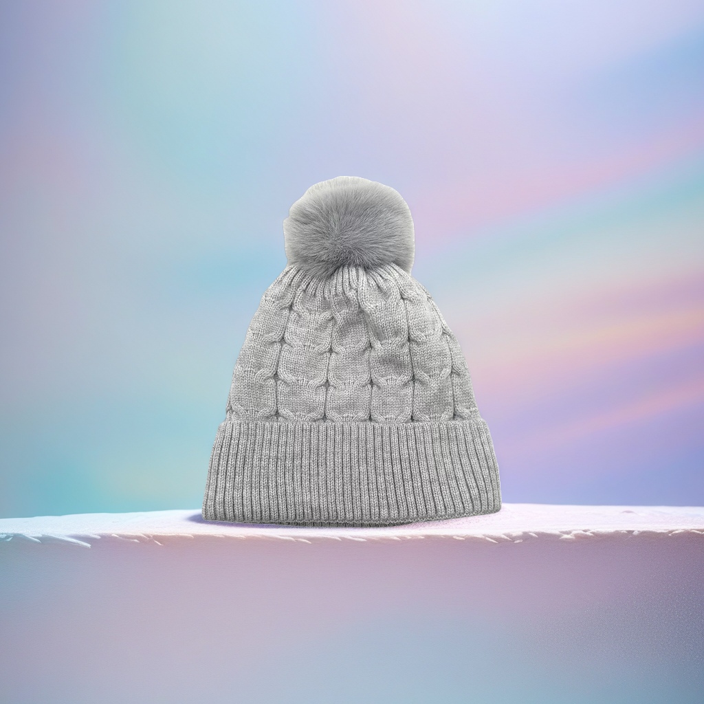 A grey knitted cap with a fluffy ball on top for a warm and versatile winter hat details Picture
