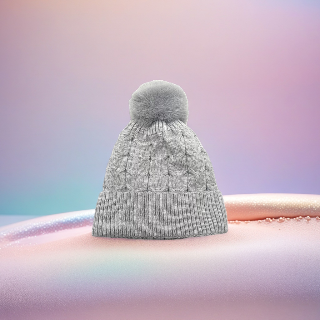 A grey knitted cap with a fluffy ball on top for a warm and versatile winter hat Application Scenario