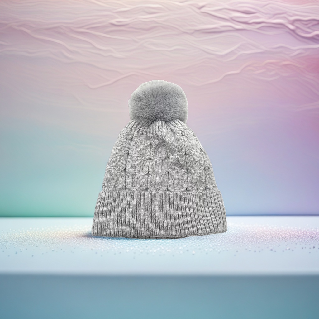 A grey knitted cap with a fluffy ball on top for a warm and versatile winter hat Specification image