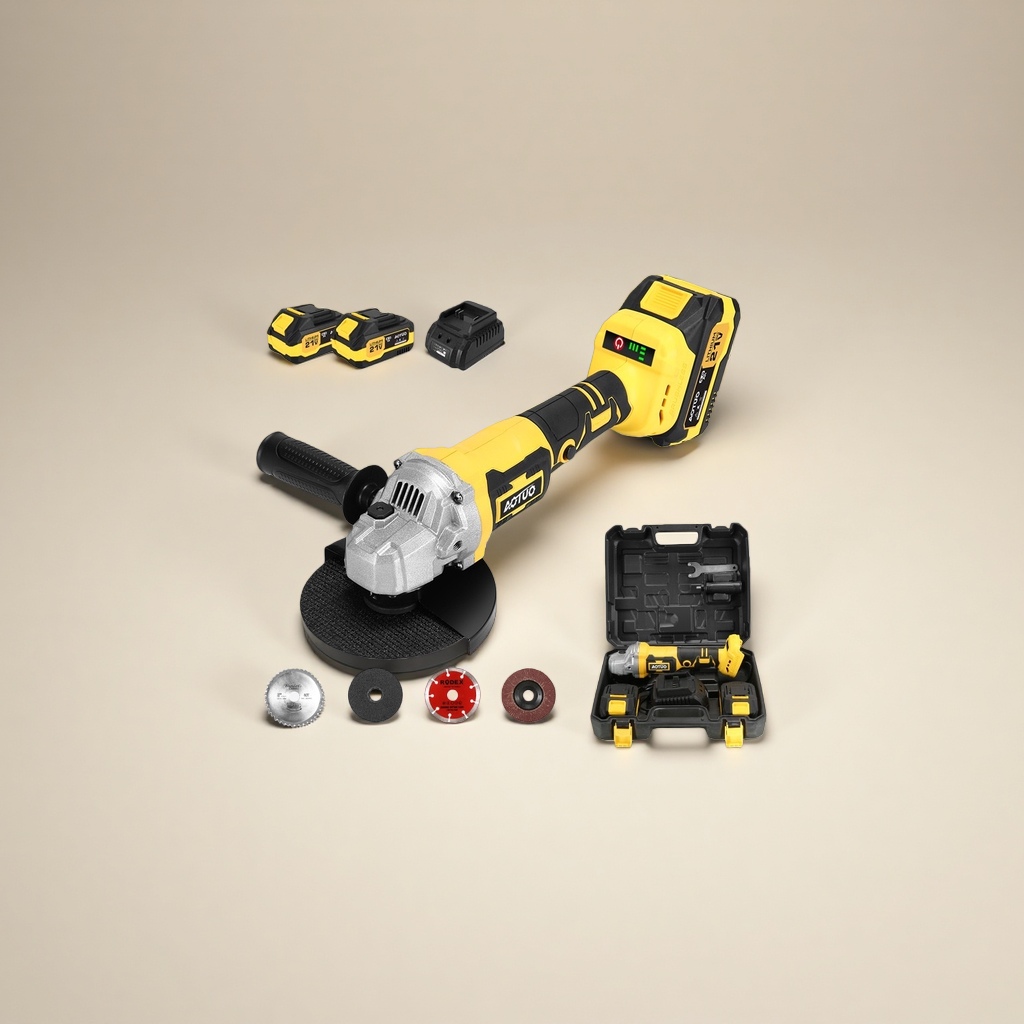 The main body of the yellow and black alternating Angle grinder is made of high-strength engineering plastic, featuring a wear-resistant and anti-slip design Specification image