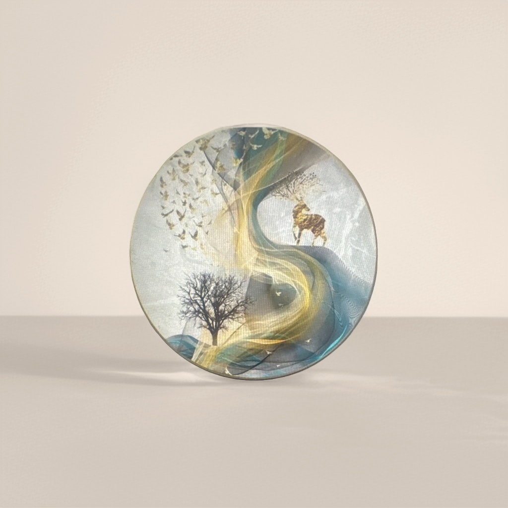 圆形抽象山水画 鹿飞鸟枯树流光线条装饰画