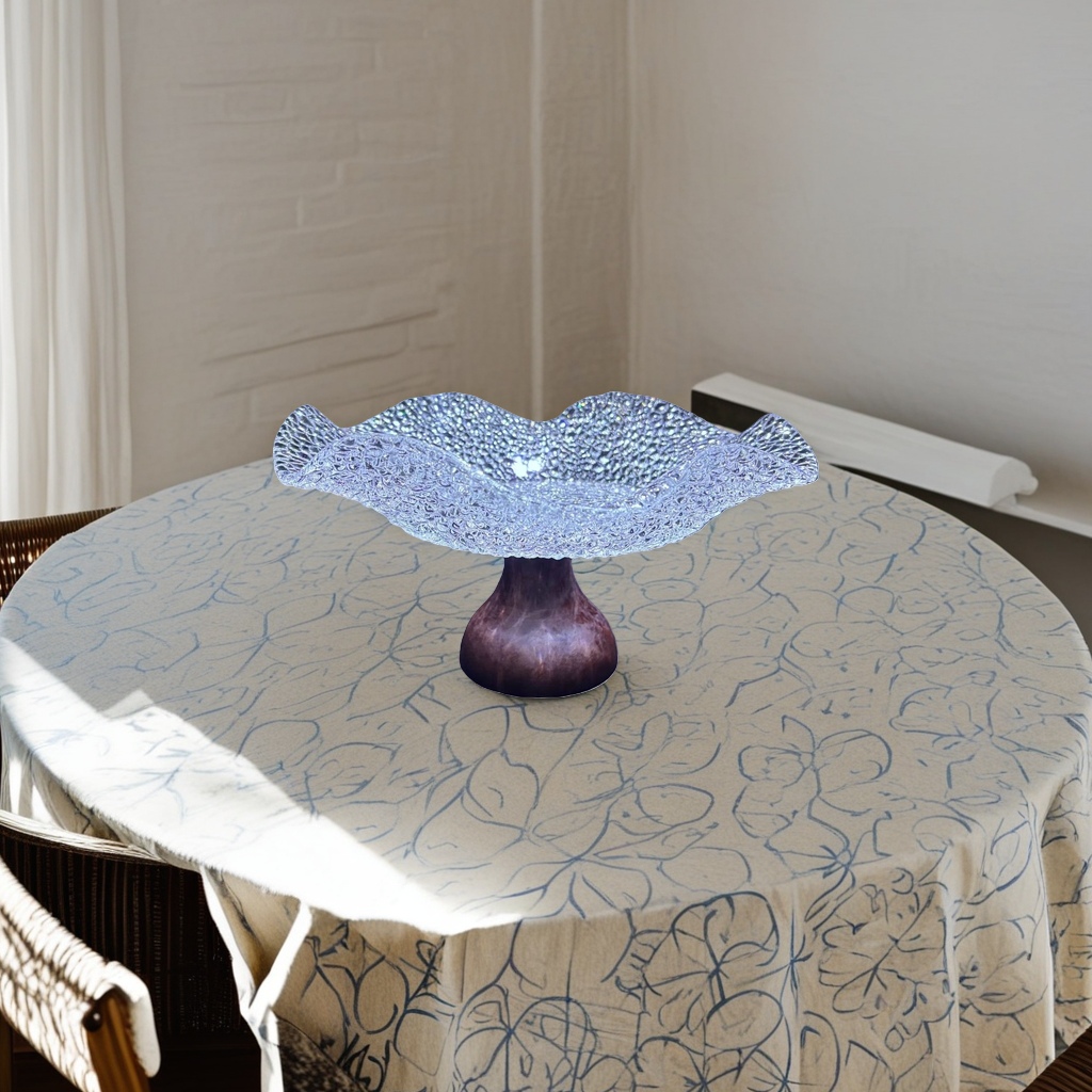 A transparent mesh wavy glass fruit plate with a dark wooden base and a handcrafted glass base plate details Picture