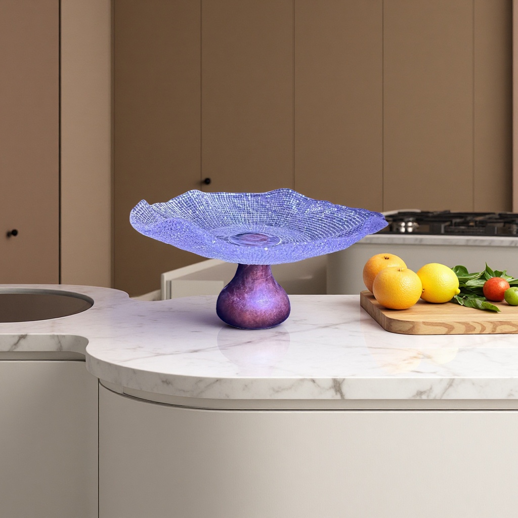 A transparent mesh wavy glass fruit plate with a dark wooden base and a handcrafted glass base plate Specification image