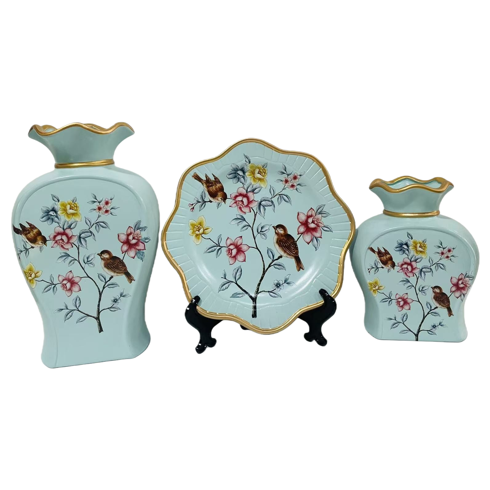 2026 New Style Ceramic Vase Three-piece set, light cyan flower and bird pattern ceramic display set, including two vases and one lace plate vase Item Picture
