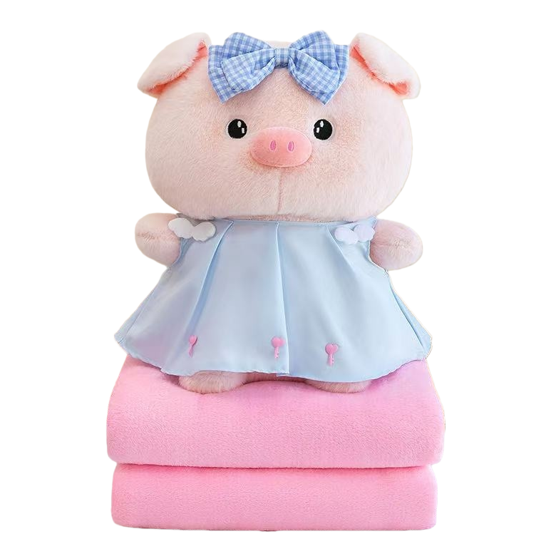 Pink little pig doll, blue dress, blue and white checkered bow, plush toy, children's gift Item Picture