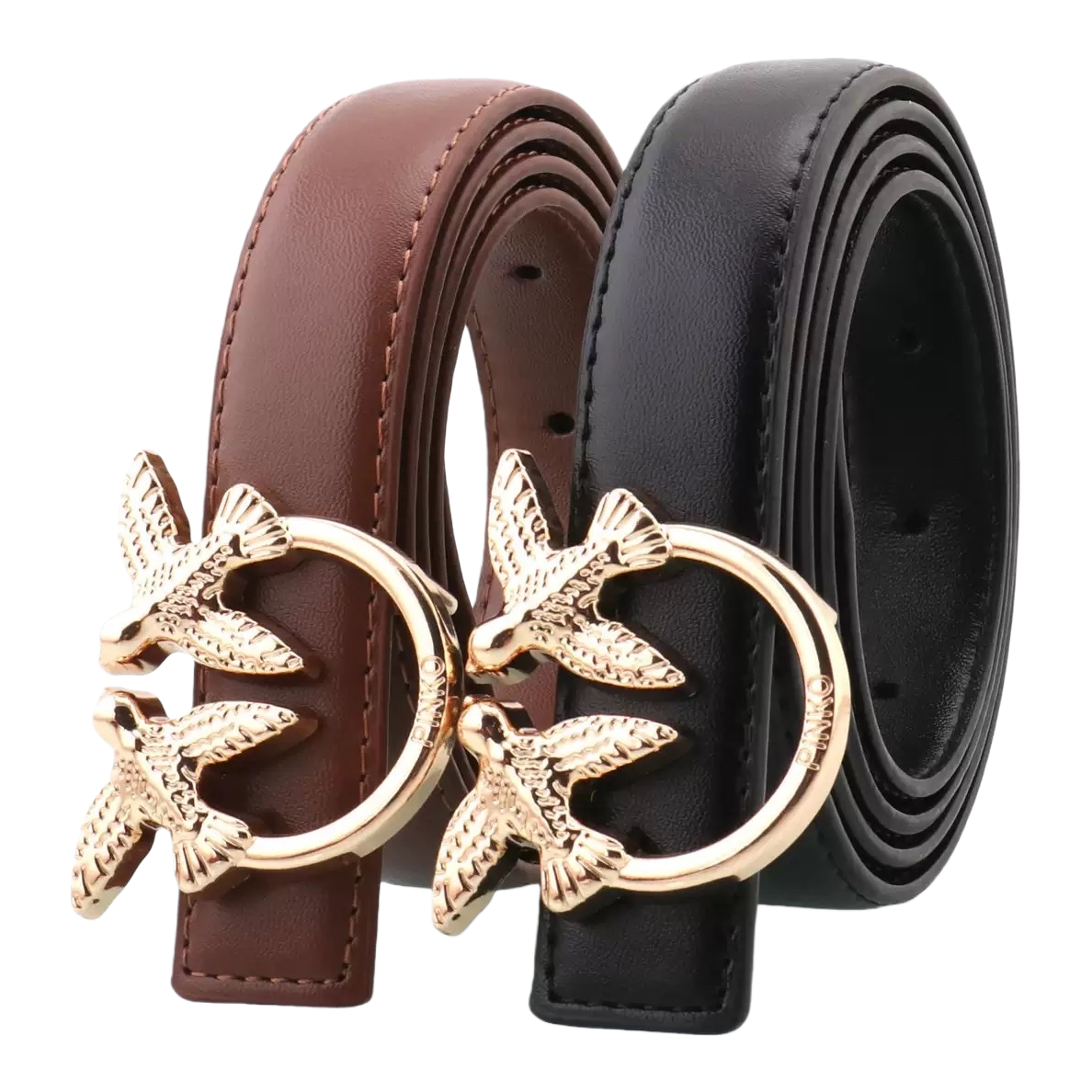 The brown and black leather belt with golden bird metal buckles is suitable for both men and women Item Picture