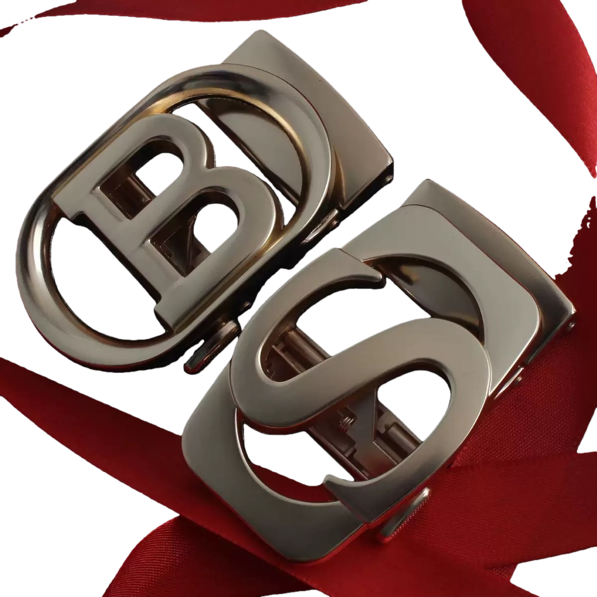 Silver metal BS letter belt buckle, red ribbon, black background decoration Item Picture