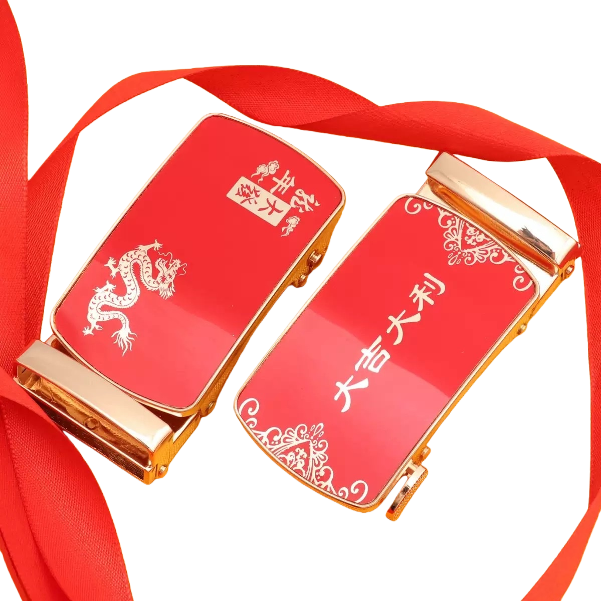 Cinturón rojo estampado dragón con hebilla bisel dorado con cinta roja con respaldo de tela amarilla Item Picture