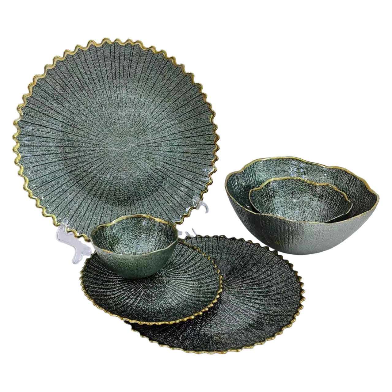 纹理玻璃盘子 家用餐盘 装饰摆盘 高档餐具 玻璃餐桌垫盘玻璃碗沙拉套碗玻璃碗