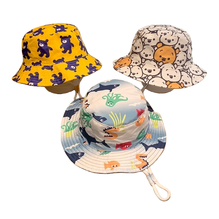 彩色卡通图案渔夫帽 儿童遮阳防晒休闲帽白底实物图