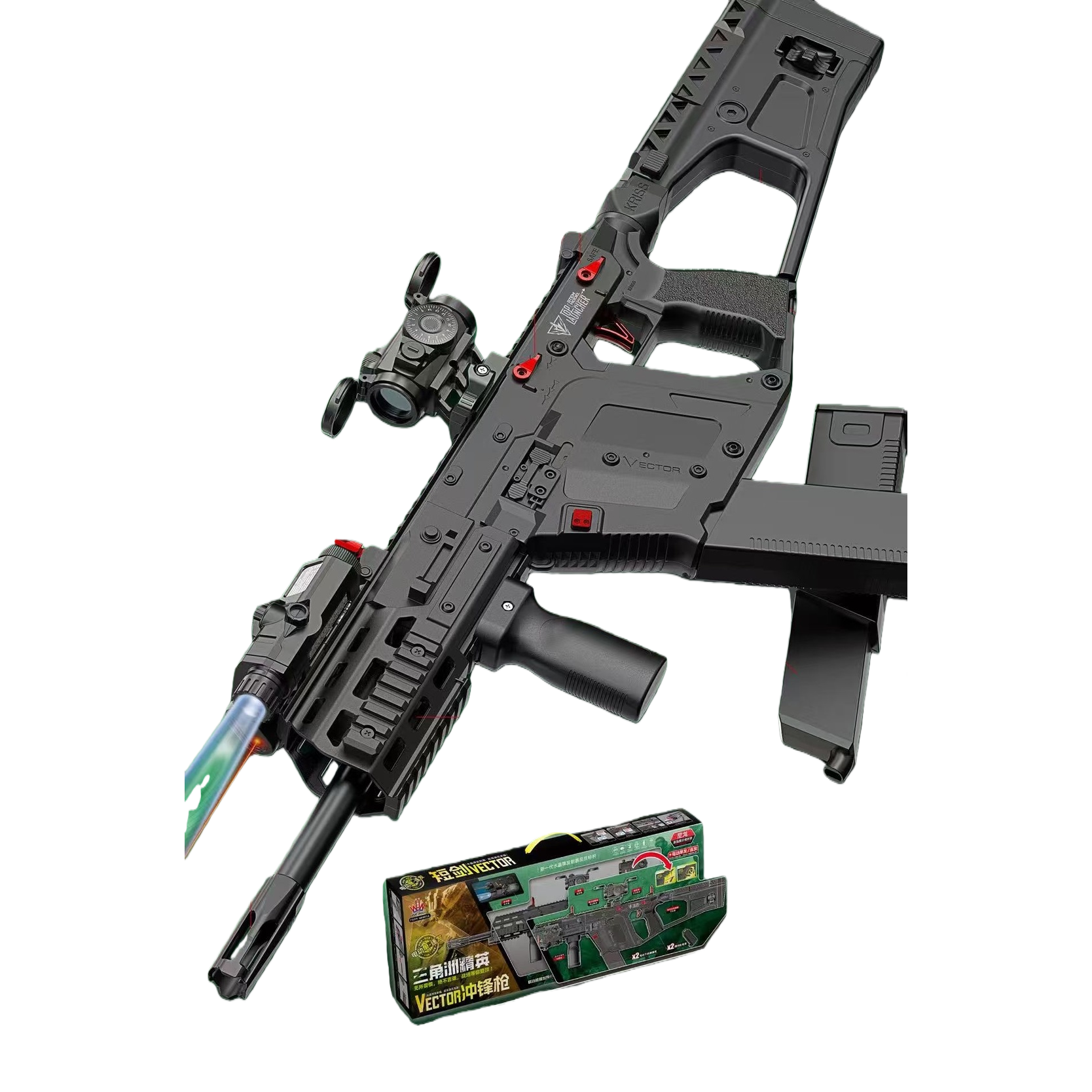 Traje de subfusil táctico negro mira de alta definición tapa de fuego grip delantero soporte trasero táctico batería modular alimentación inferior eléctrica cargador de metal tubo de aluminio enlace de retroceso pre-alimentación