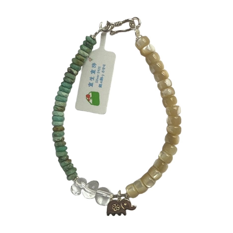 Pulsera de cordón de cuentas verde beige con colgante de elefante Item Picture