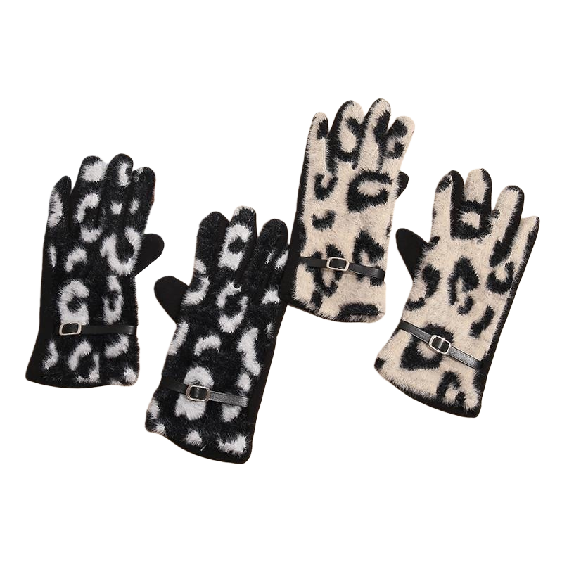Leopard print plush warm gloves for women, thickened cold-proof touch screen, available in various colors for autumn and winter Item Picture