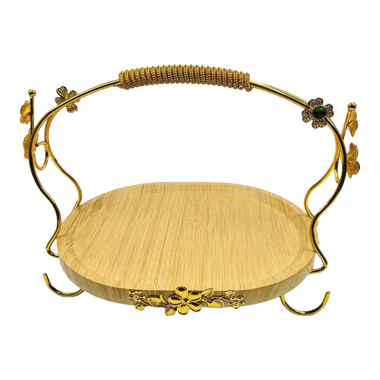 A golden floral tray with a wooden base, a decorative item for a living room coffee table Item Picture