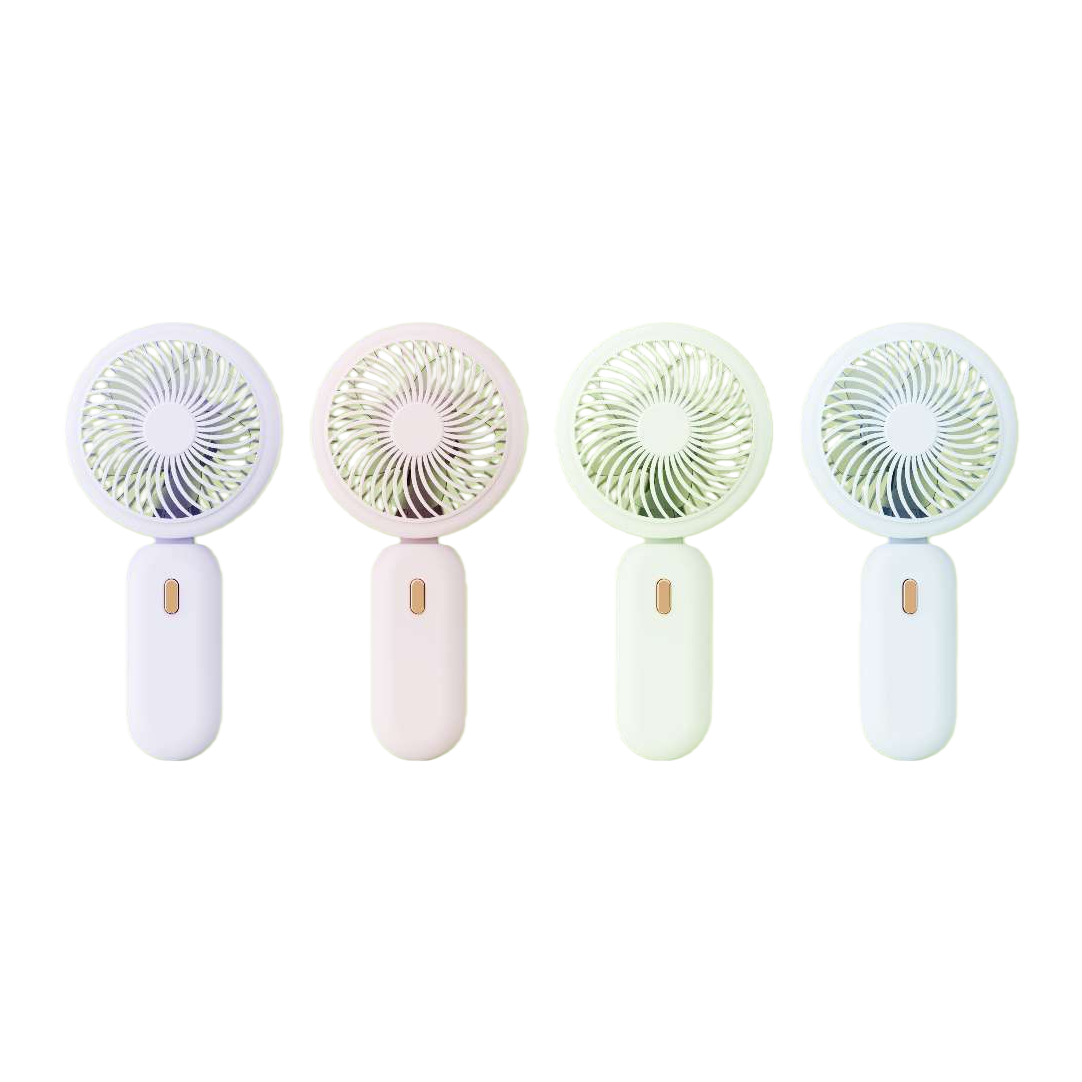 The main body of the simple folding handheld fan is available in four colors: light purple, pink white and light blue. It features circular fan blades and an arc-shaped handle. The height is 17cm, the width is 8.4cm and the thickness is 4.5cm Item Picture