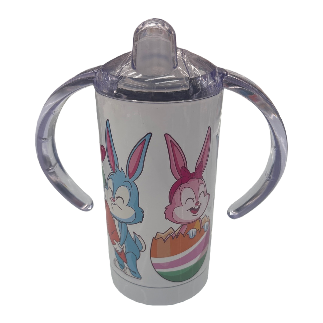 透明带手柄吸嘴杯 蓝粉卡通兔子图案 350ml 热转印白底实物图