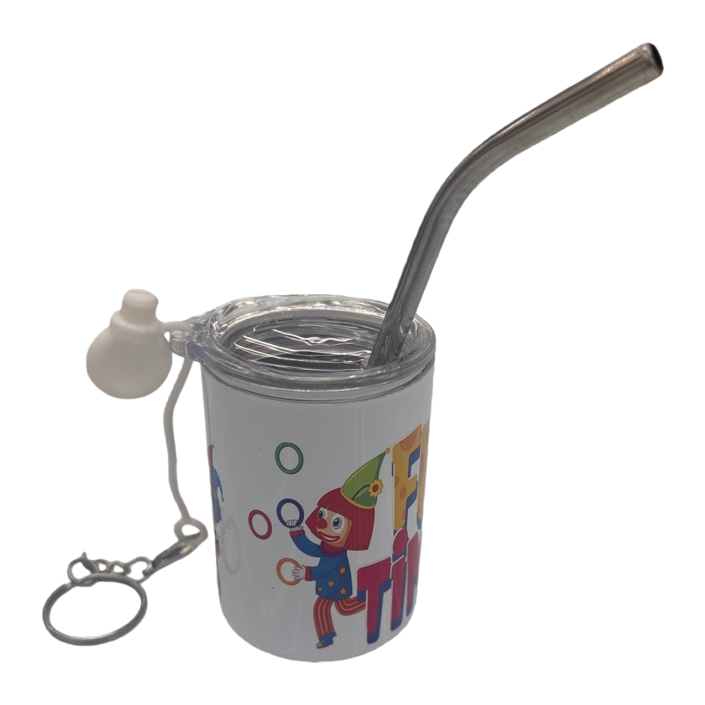 A portable creative gift set with white cups, metal straws and keychains, heat transfer printing Item Picture