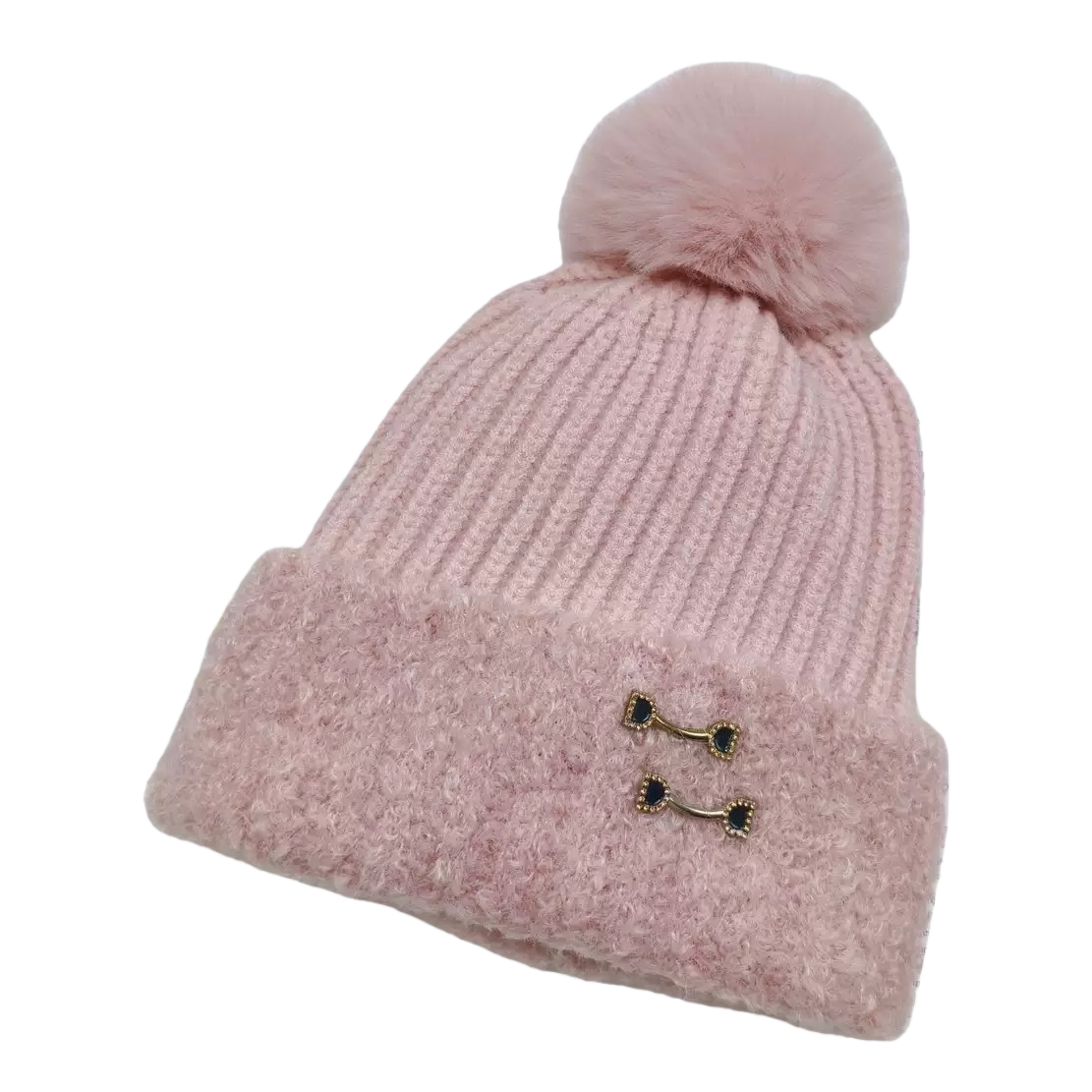 The pink woolen cap has a fluffy ball on the top, a brim and black gold metal fasteners Item Picture