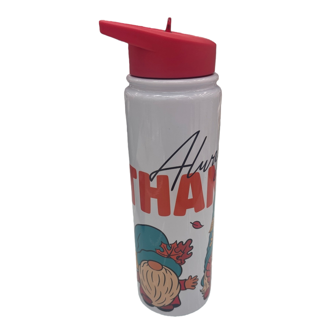 White water cup with red lid printed Always THANK and autumn dwarf pattern heat transfer printing Item Picture