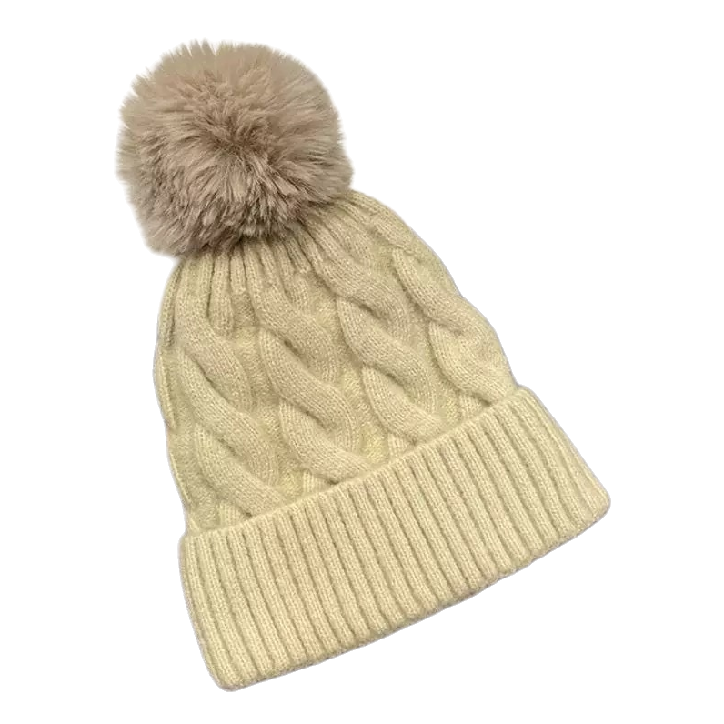 A beige knitted cap with a plush ball for warm autumn and winter women's woolen hat Item Picture