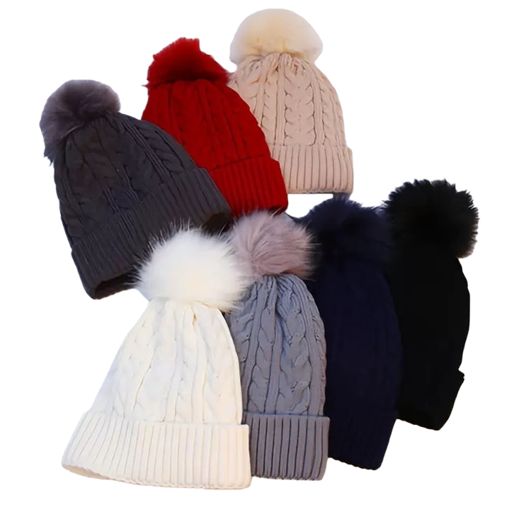 A multi-color knitted woolen cap with large wool ball decoration for warm winter knitted cap Item Picture