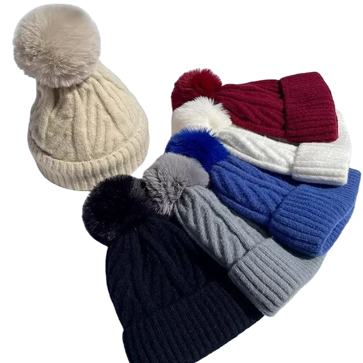 New autumn and winter knitted women's hats with multi-color woolen caps and pom-pom decorations for warmth Item Picture