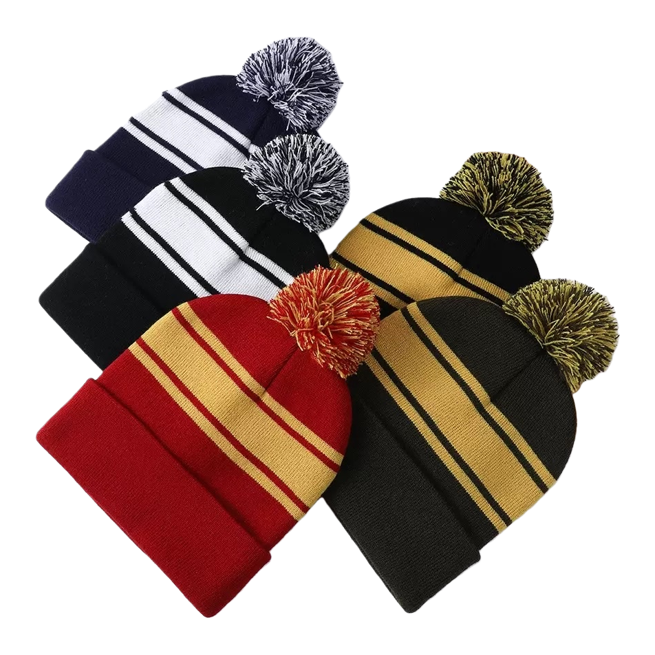 Colorful striped woolen hat with pom-poms decoration, warm knitted, suitable for both men and women in winter Item Picture