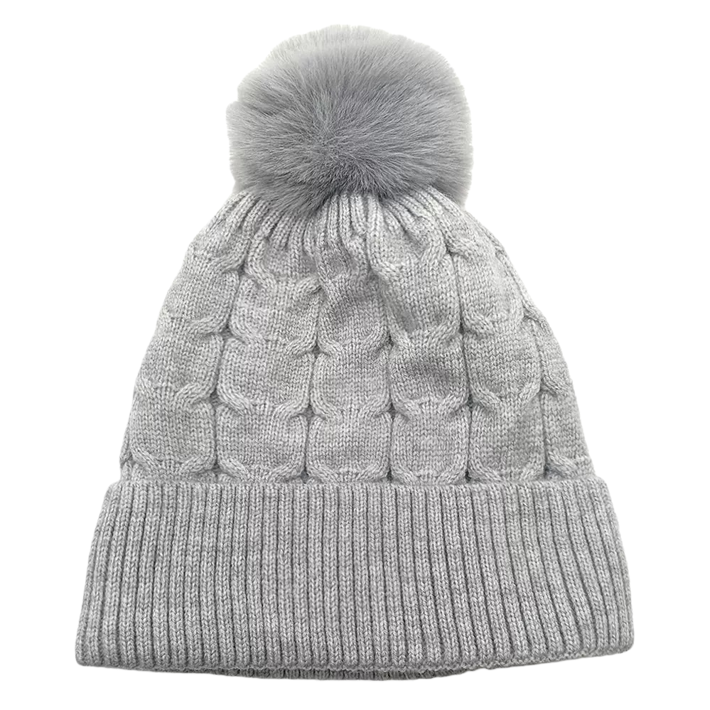 A grey knitted cap with a fluffy ball on top for a warm and versatile winter hat Item Picture