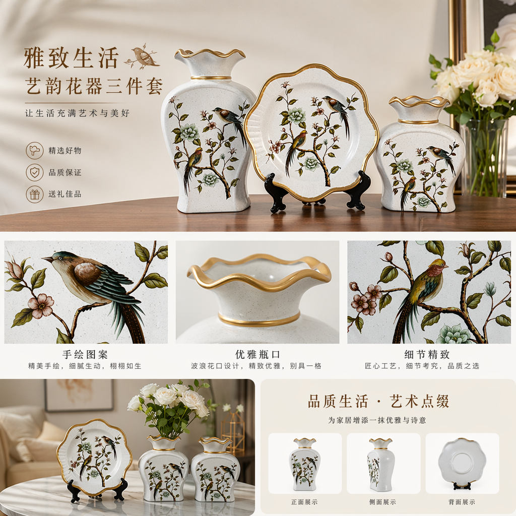 2026 New Style White Vase and Plate Set, bird-dwelling on branches, floral pattern, gold edge, white background with fine spots Ceramic vase pic 1