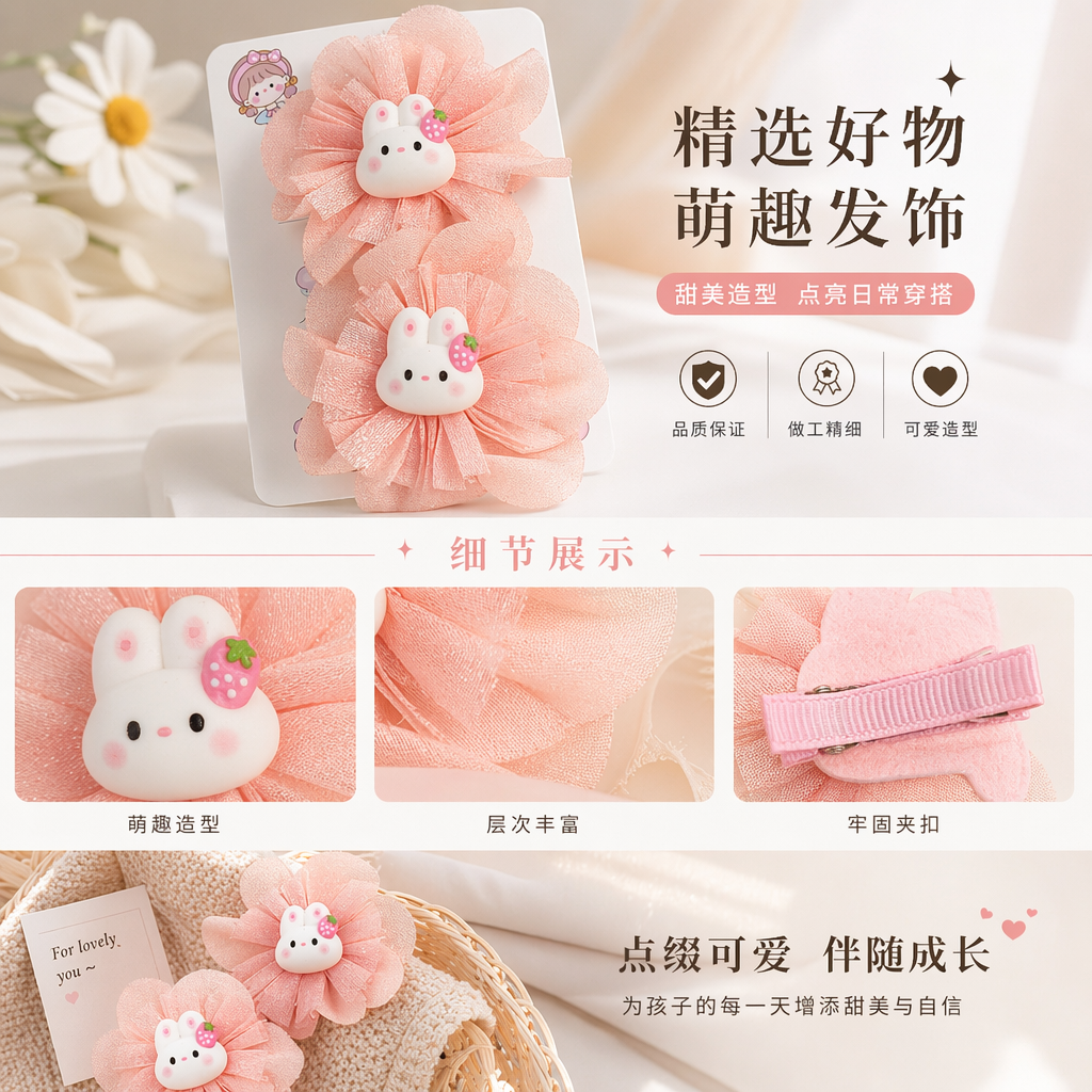 粉色花朵发夹 白色兔子造型 草莓装饰 甜美少女头饰详情1
