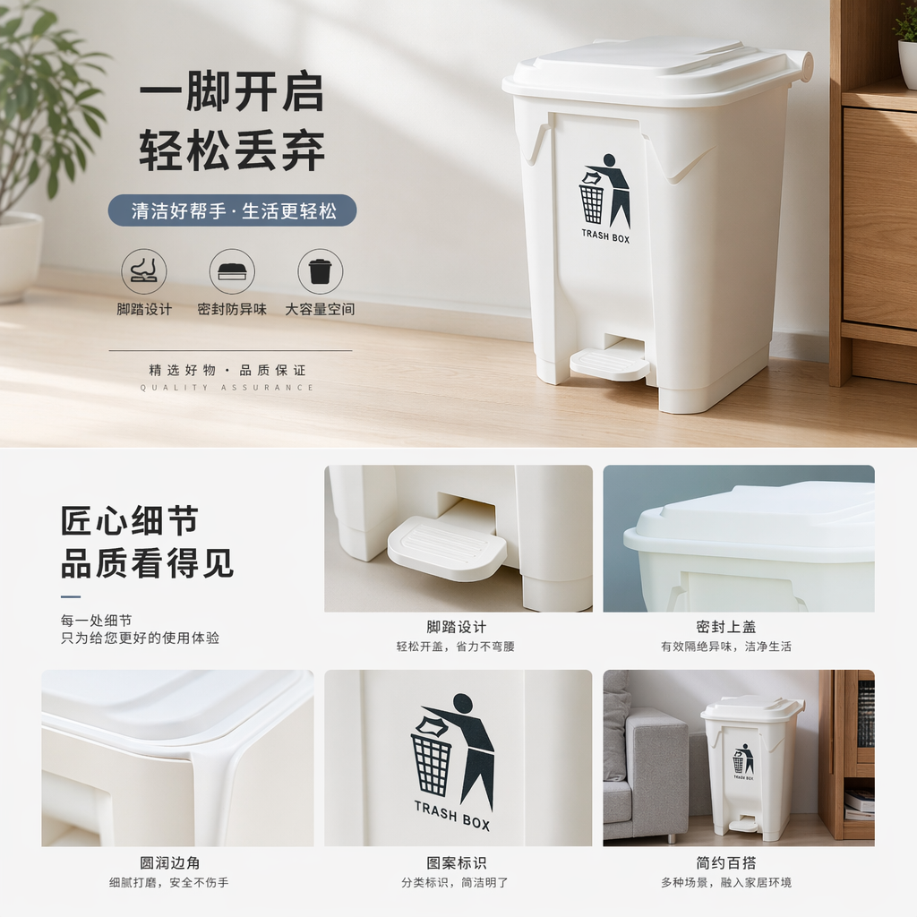白色脚踏式垃圾桶家用厨房卫生间大容量静音感应免手压详情1