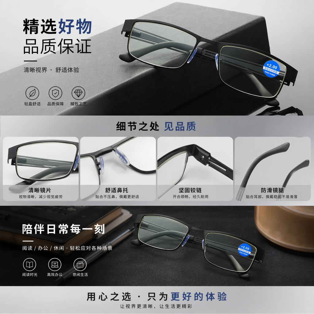 黑色眼镜架 眼镜 金属轻盈舒适防滑鼻托可调详情1
