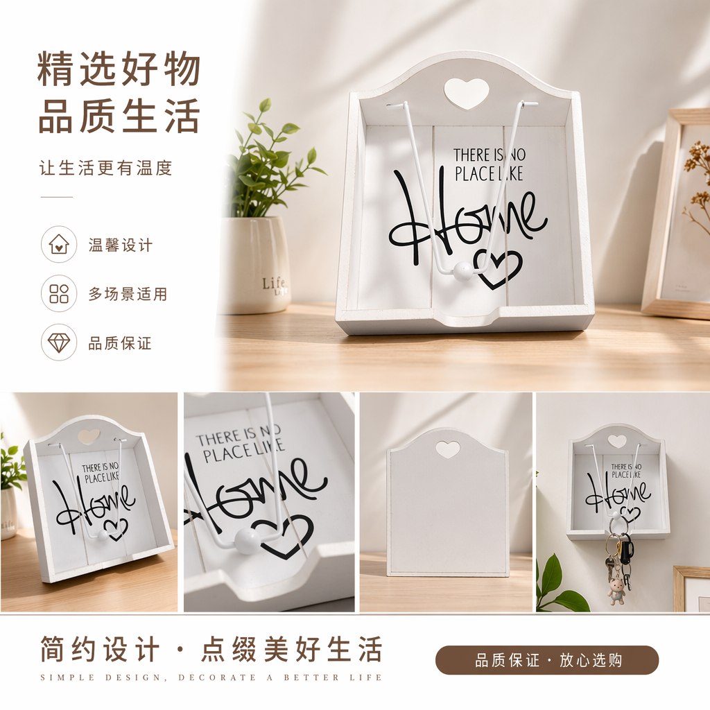 白色木质心形镂空装饰托盘带HOME字样金属支架葫芦雪糕棒木制摆件详情1